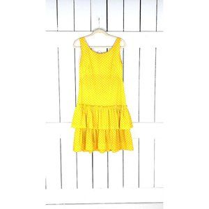 Vintage yellow white polka dot ruffle sleeveless midi dress